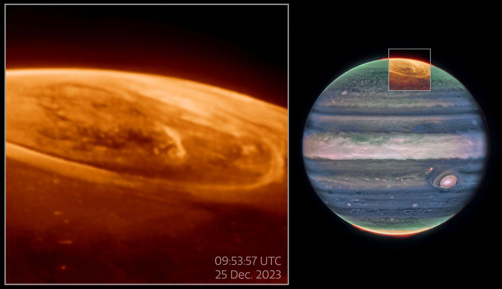 Le pôle nord de Jupiter en orange, cerclé par l'ovale de l'aurore, et la planète entière à droite