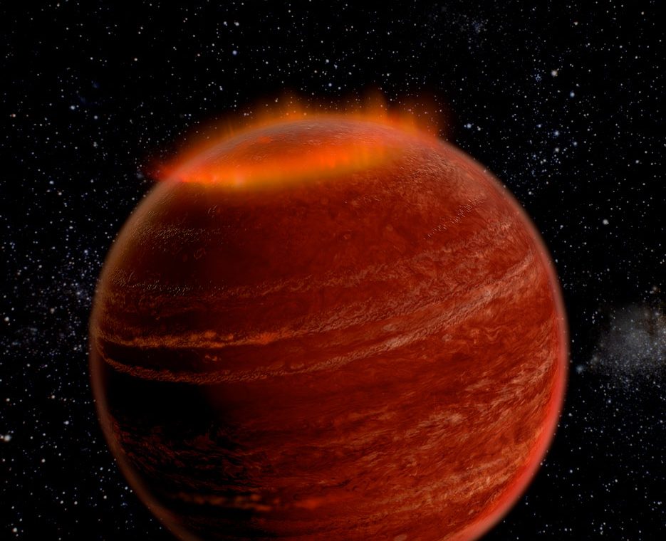 Vue d'artiste d'une naine brune rouge sombre coiffée d'un rideau d'aurore orange